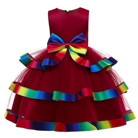 

koaiezne Child Girls Sleeveless Ruffles Bowknot Pageant Dress Birthday Party Kids Rainbow Gown Princess Dress Print Short Girls Cotton Christmas Dress