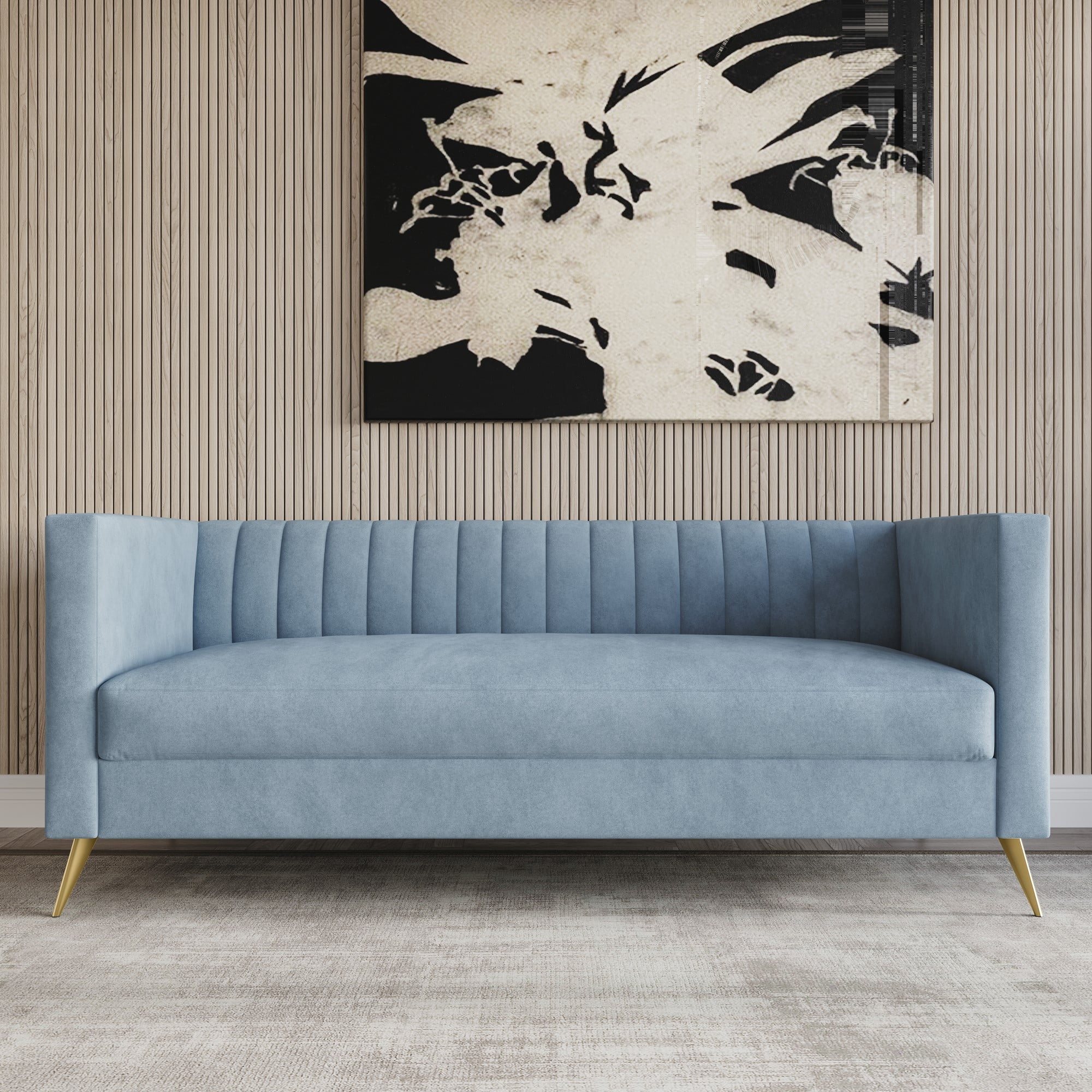 Home Design Weiss 3-Piece Velvet Square Arm Living Room Set with Sofa, Loveseat, and Armchair, Channel-Tufted Back, Gold Legs, Blue