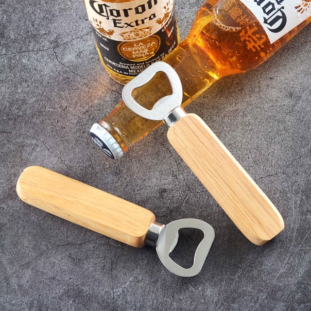 Abrebotellas de acero inoxidable Mango de madera Bebida Tapa de cerveza Lanzador de cocina