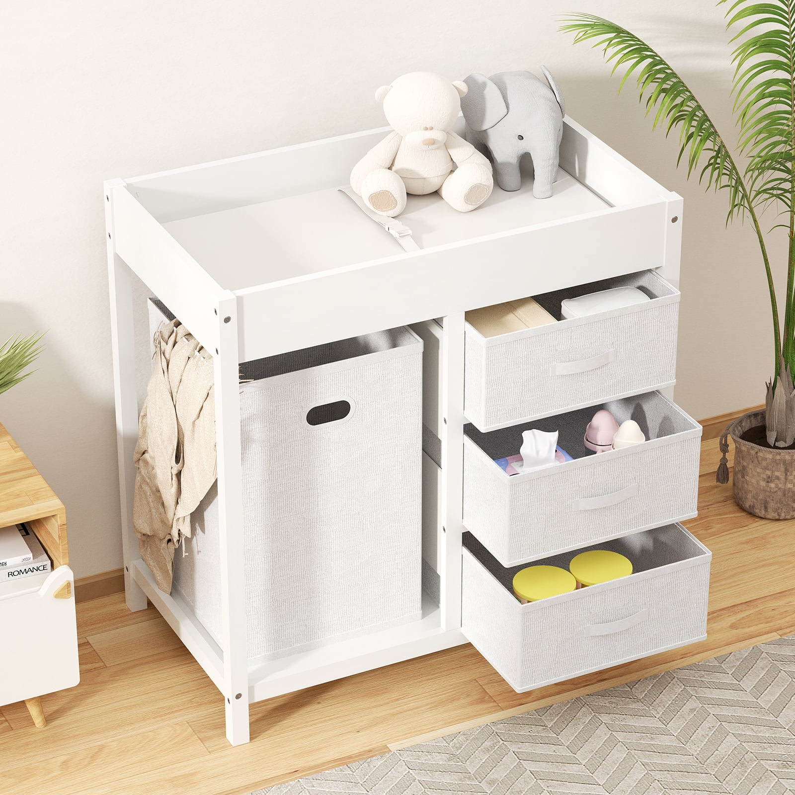 GLAF Baby Changing Table for Nursery - Diaper Changing Station with Laundry Hamper, 3 Storage Drawers, Changing Pad, and Safety Belt, White