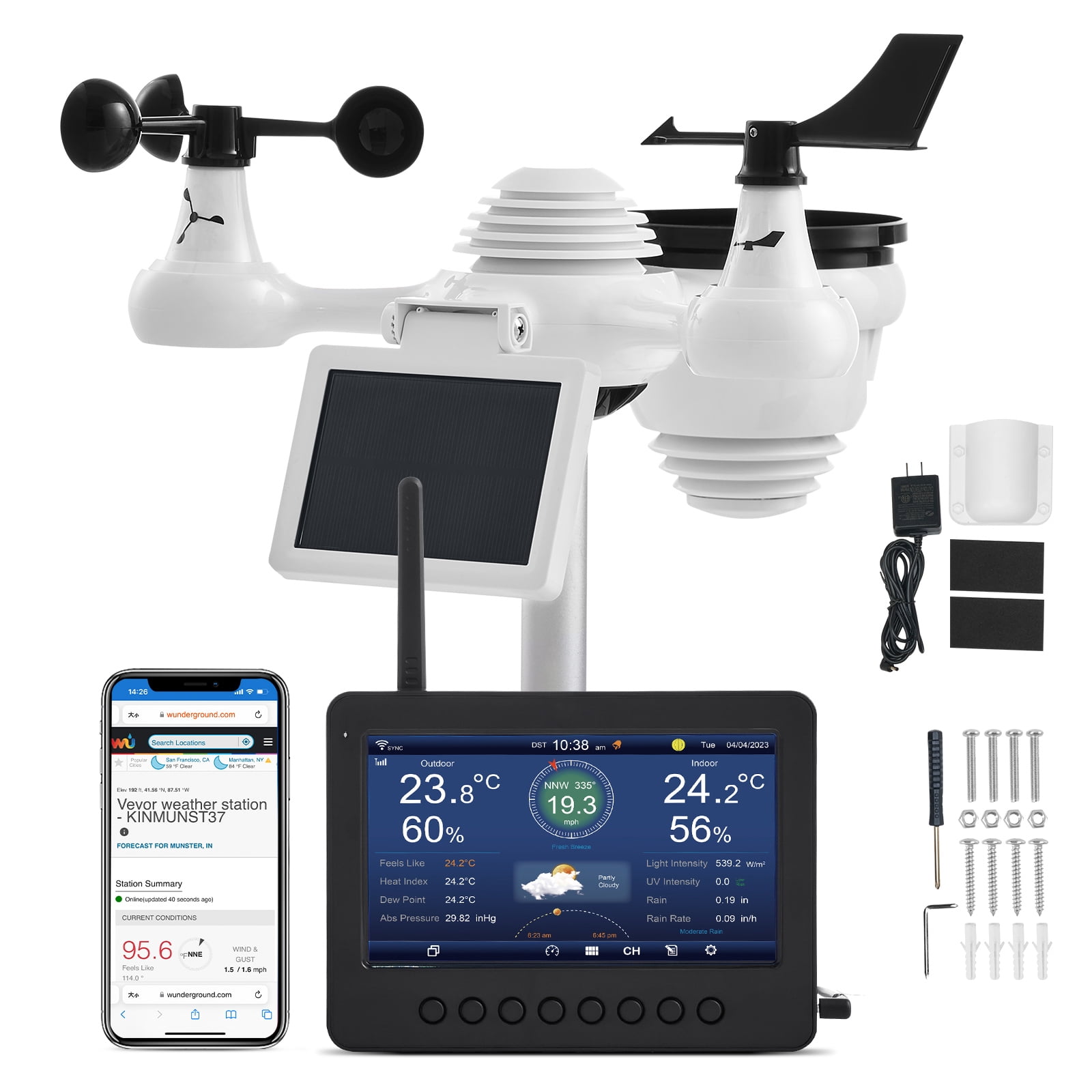 KFFKFF 7 in 1 WiFi Weather Station with Solar Panel, 7 in Color Display for Indoor/Outdoor, TFT Weather Station for Temperature, Humidity, Wind, Rainfall and Forecast