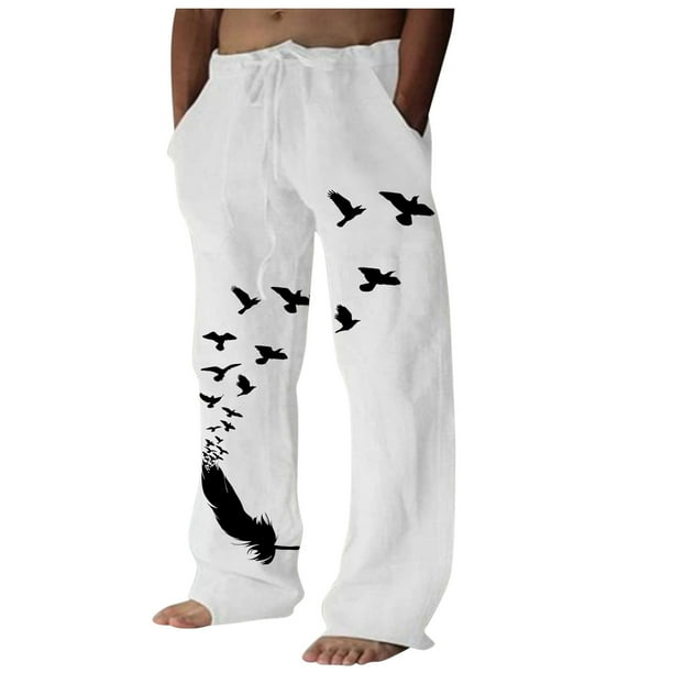 Cotton Linen Pants for Men Print Elastic Waist Drawstring Wide Leg