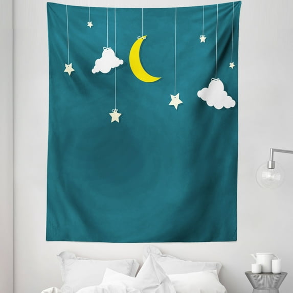 Cloud Tapestry, Night Sky Illustration with Crescent Moon Stars Hanging on Threads, Fabric Wall Hanging Decor for Bedroom Living Room Dorm, 5 Sizes, Teal Yellow, by Ambesonne