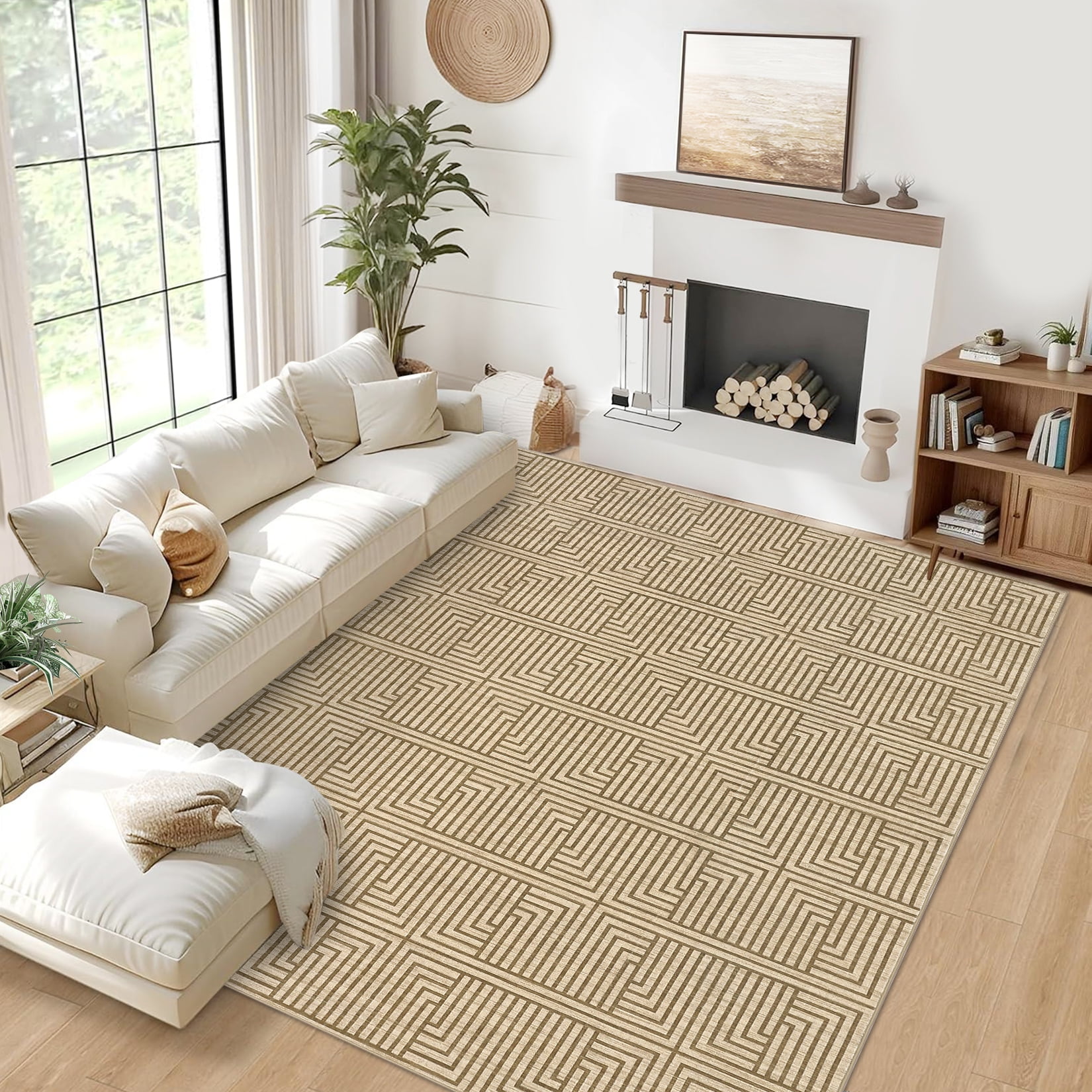 Outdoor Rug, 10x13ft Bordered Light Brown Modern Area Rugs for Indoor and Outdoor Patios, Porches Waterproof Washable Porch Deck Outside Carpet