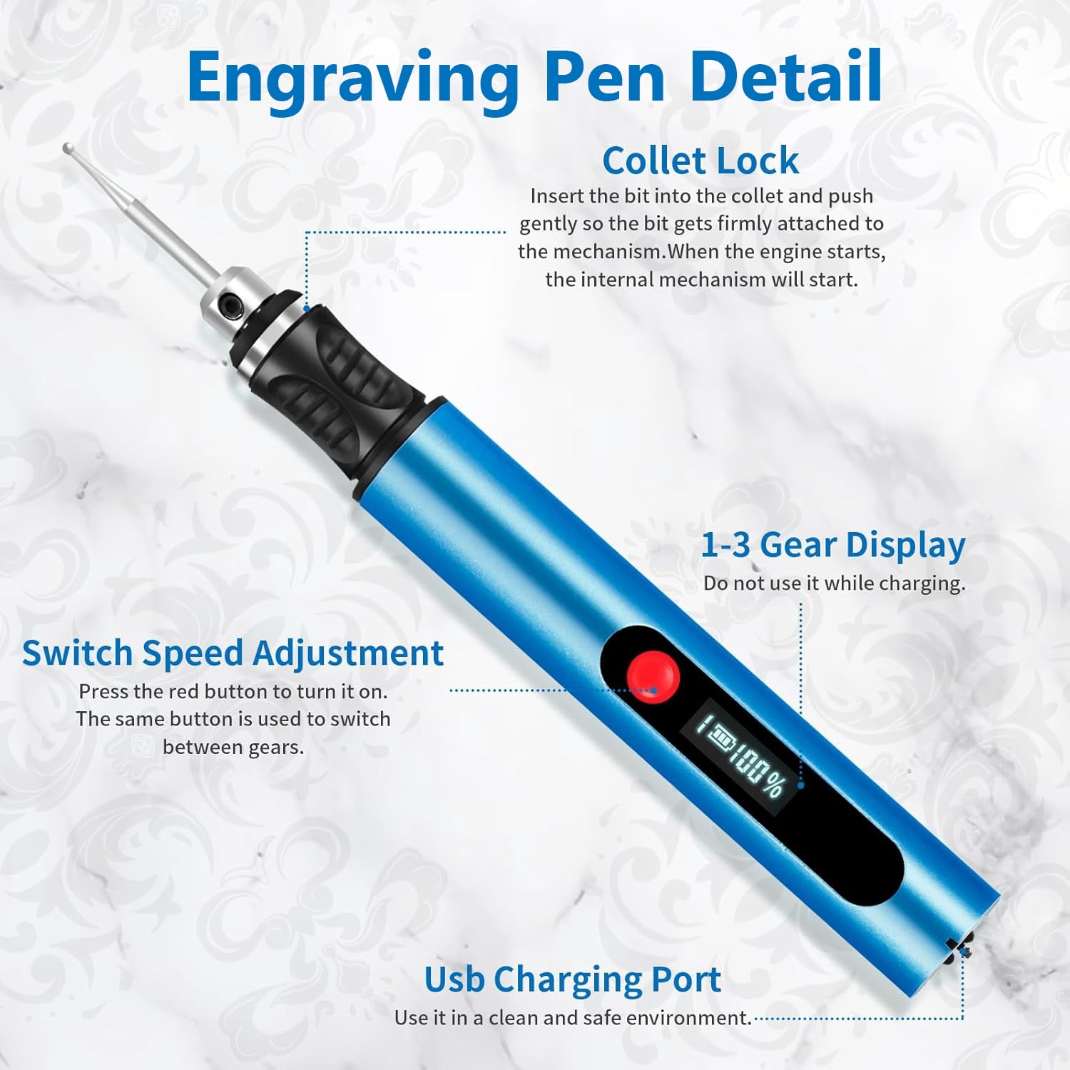 Electric Engraving Pen with 30 Bits, Portable Engraving Pen Tool Kits, DIY Rechargeable Engraving Machine for Jewelry Wood Glass Stone Carving, Blue