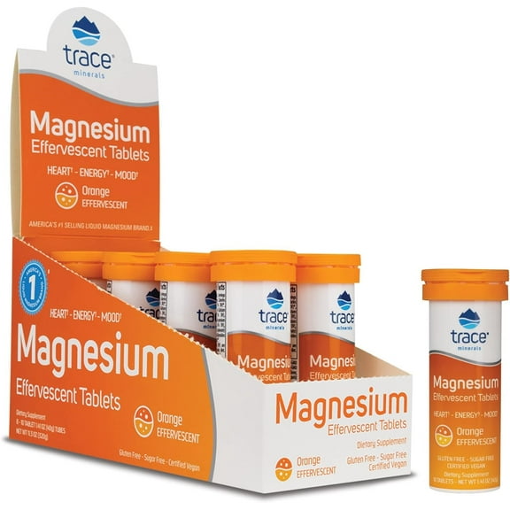 Trace Minerals | Magnesium Effervescent Tablets| No Allergies | Certified Vegan, Non-GMO, Gluten Free, Sugar-Free, Third Party Tested | Orange | 8 Tubes Contain 10 Tablets Each