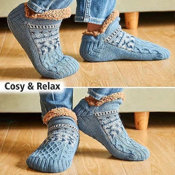 Chaussettes-pantoufles Pour La Maison - Doubles, Chaudes, Avec Semelle Anti-dérapante, Tailles 46-49 (bleu).