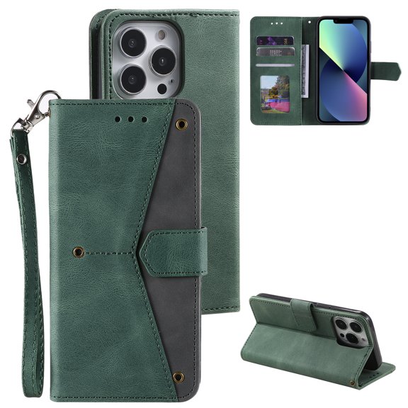 PU Leather Wallet Case for iPhone 14 Pro, Detachable Wrist Hand Strap Magnetic Clasp Flip Folio Cover with Card Slots Cash Holder Kickstand Soft Silicone Shockproof Anti-Scratches Case,Green
