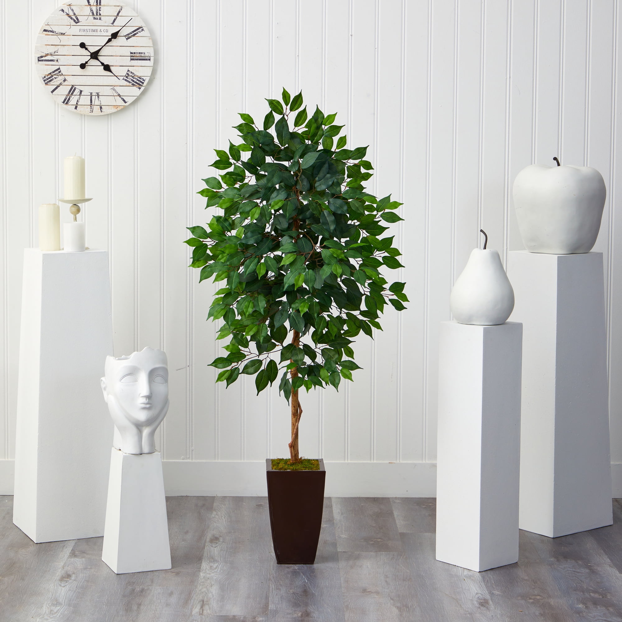 Nearly Natural 5' Ficus Artificial Tree in Bronze Metal Planter