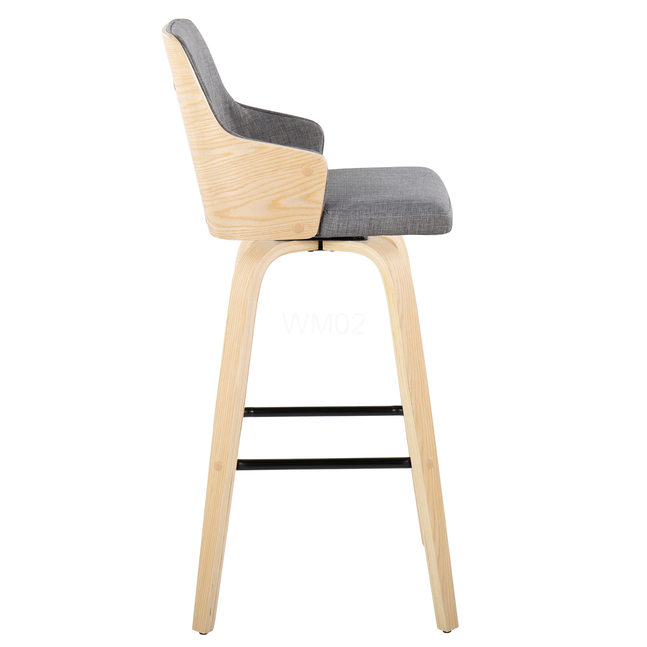 Natural Wood Bar Stools Set of 2 with Swivel, Grey Fabric Upholstered Counter Height Stools with Metal Footrest