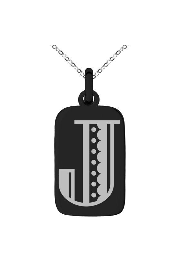 Stainless Steel Letter J Initial Metro Retro Monogram Engraved Small Rectangle Dog Tag Charm Pendant Necklace