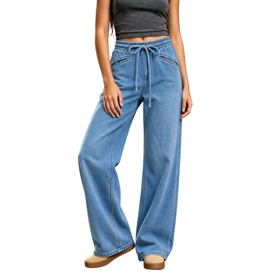 Risckoth Women's Plus Size Drawstring Elastic Waist Jeans Slant Pockets Wide Leg Seam Details Loose Fit Solid Casual Long Pants S-2XL