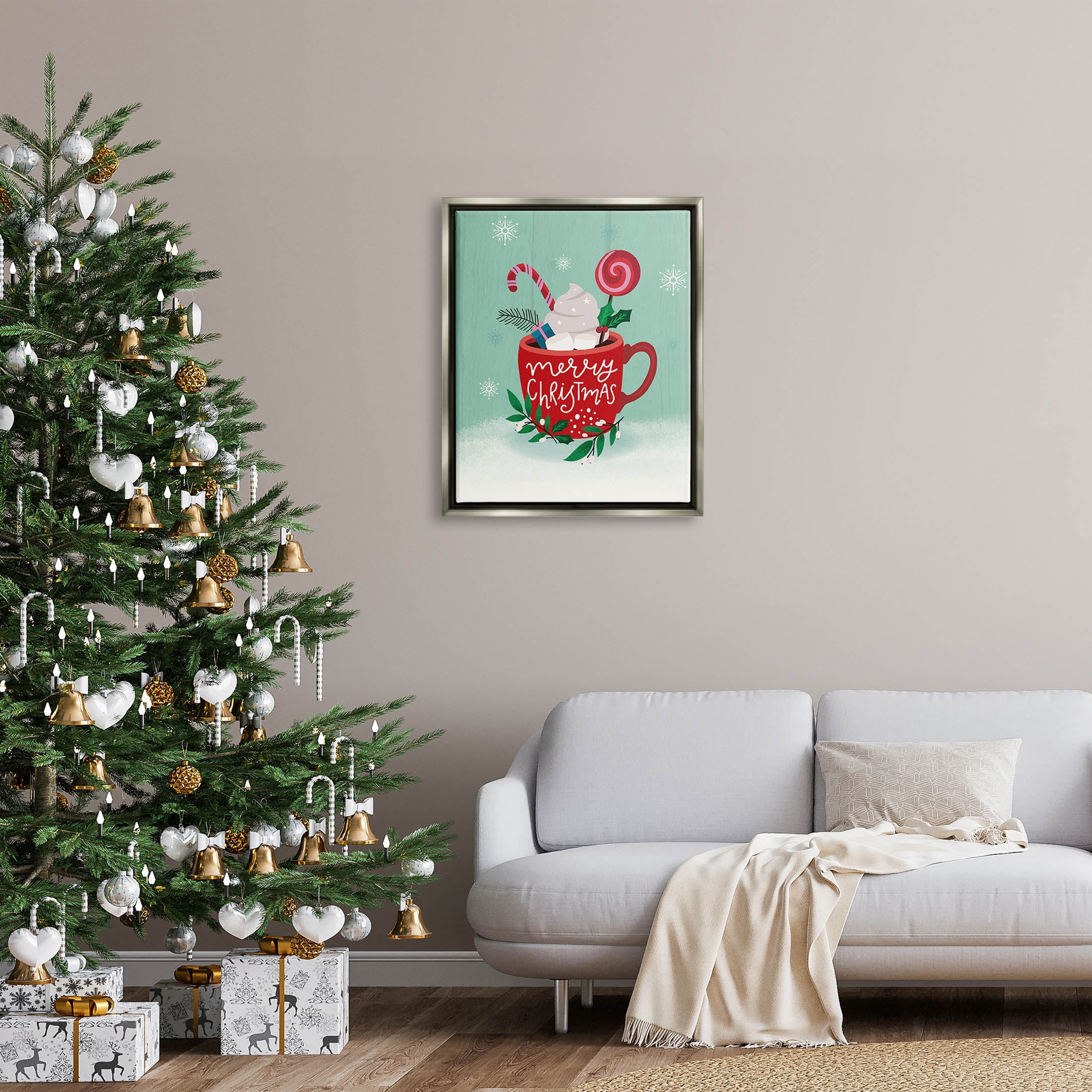 Merry Christmas Warm Cocoa Holiday Graphic Art Luster Gray Framed Art Print Wall Art