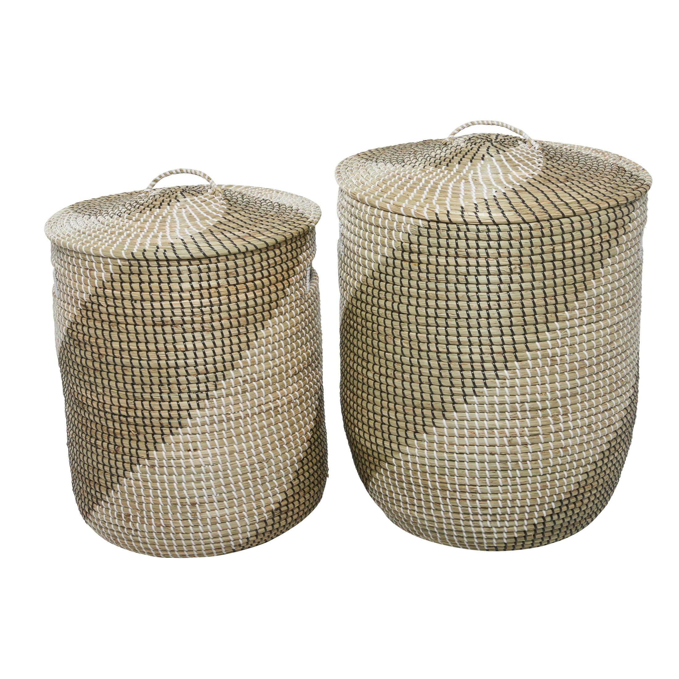 DecMode 24", 22"H Brown Seagrass Handmade Two Toned Storage Basket with Matching Lids, 2-Pieces