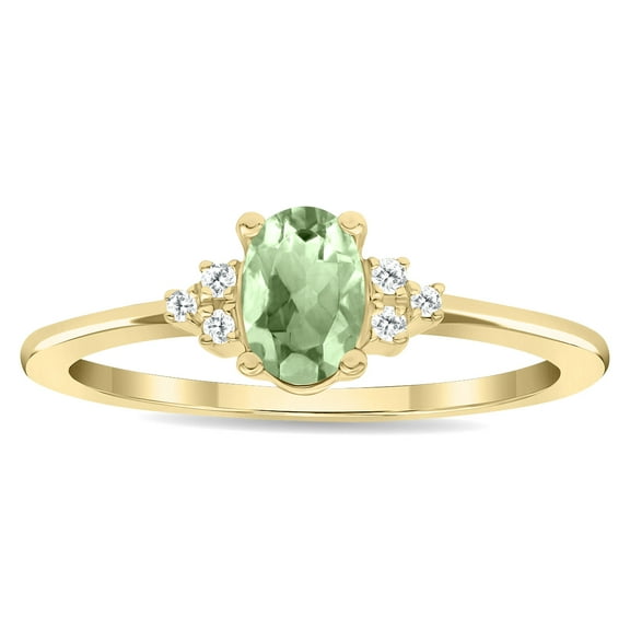 SZUL Women's Oval Shaped Green Amethyst and Diamond Half Moon Ring in 10K Yellow Gold