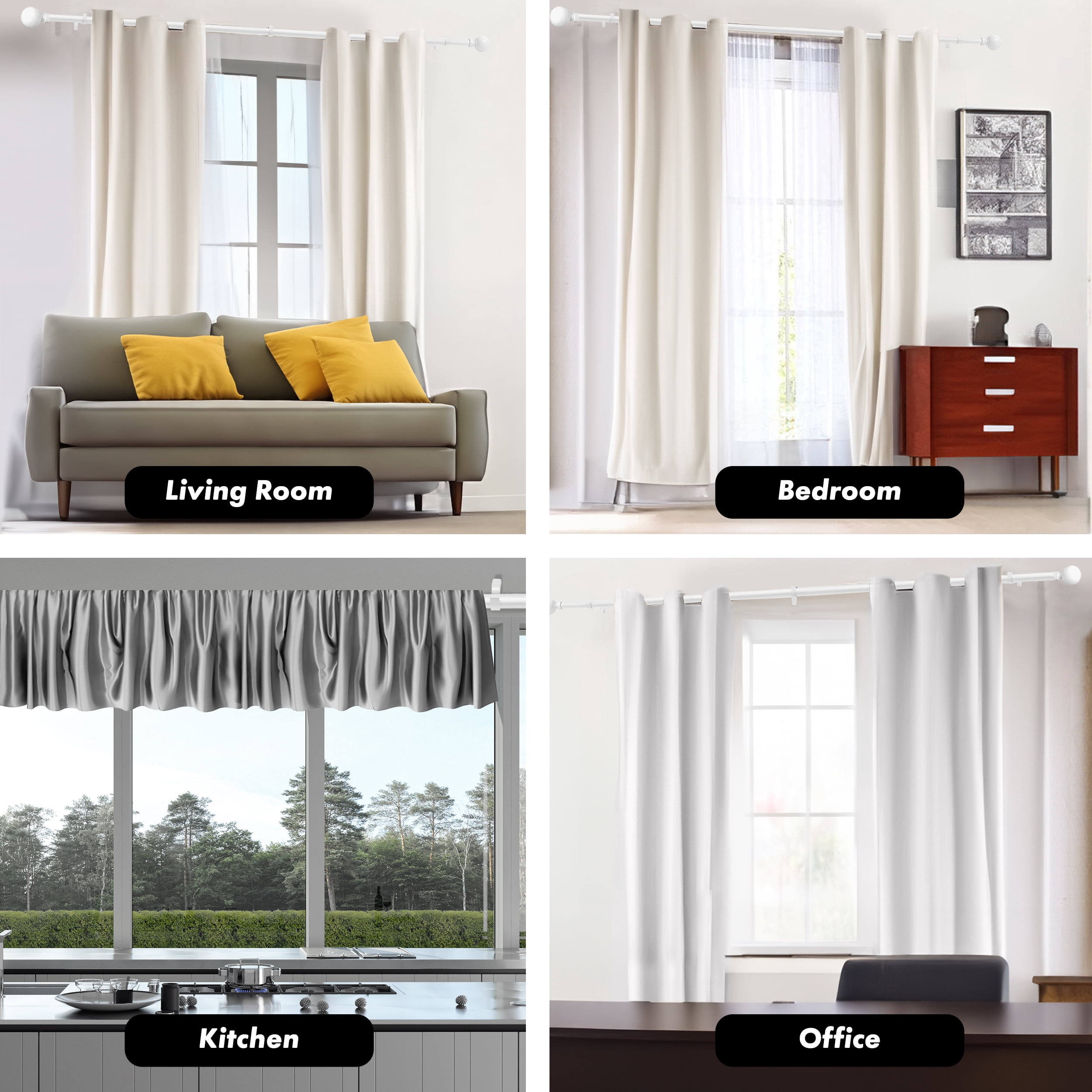 MERIVILLE 1" Single Curtain Rod Set, Adjustable 28-48 Inches, Ball Finials, Glossy White