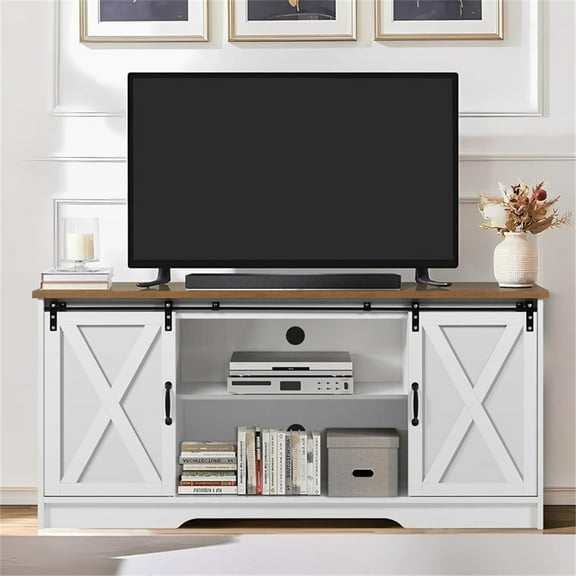 WGYPRIME 59" TV Stand for TVs up to 65 inches, Modern Farmhouse Entertainment Center with 2 Sliding Barn Doors, Media TV Console Table with Storage Space