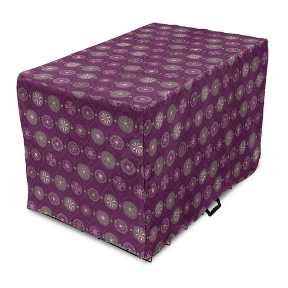 Oriental Dog Crate Cover, Pattern with Abstract Nostalgic Flourish Floral Ornament Print, Easy to Use Pet Kennel Cover Small Dogs Puppies Kittens, 7 Sizes, Plum and Multicolor, by Ambesonne