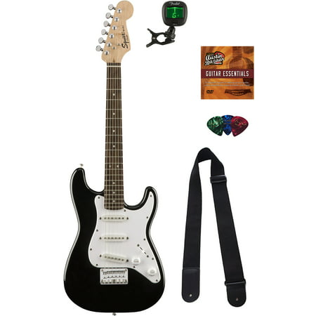 Squier by Fender Mini Strat Electric Guitar - Black Bundle with Tuner, Strap, Picks, Austin Bazaar Instructional DVD, and Polishing