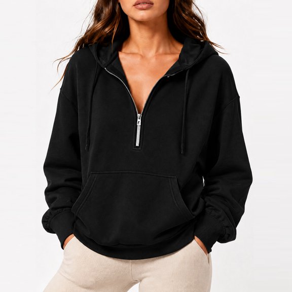 Women's Half Zip Oversized Drawstring Hoodie Casual Sweatshirt with Kangaroo Pocket XL