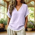 thumbnail image 3 of TGSLY Women's Fringe Trim Linen Tops Lightweight Soft V Neck Short Dolman Sleeve Blouses Loose Fit Dressy Casual Solid Color Tshirts M, 3 of 7