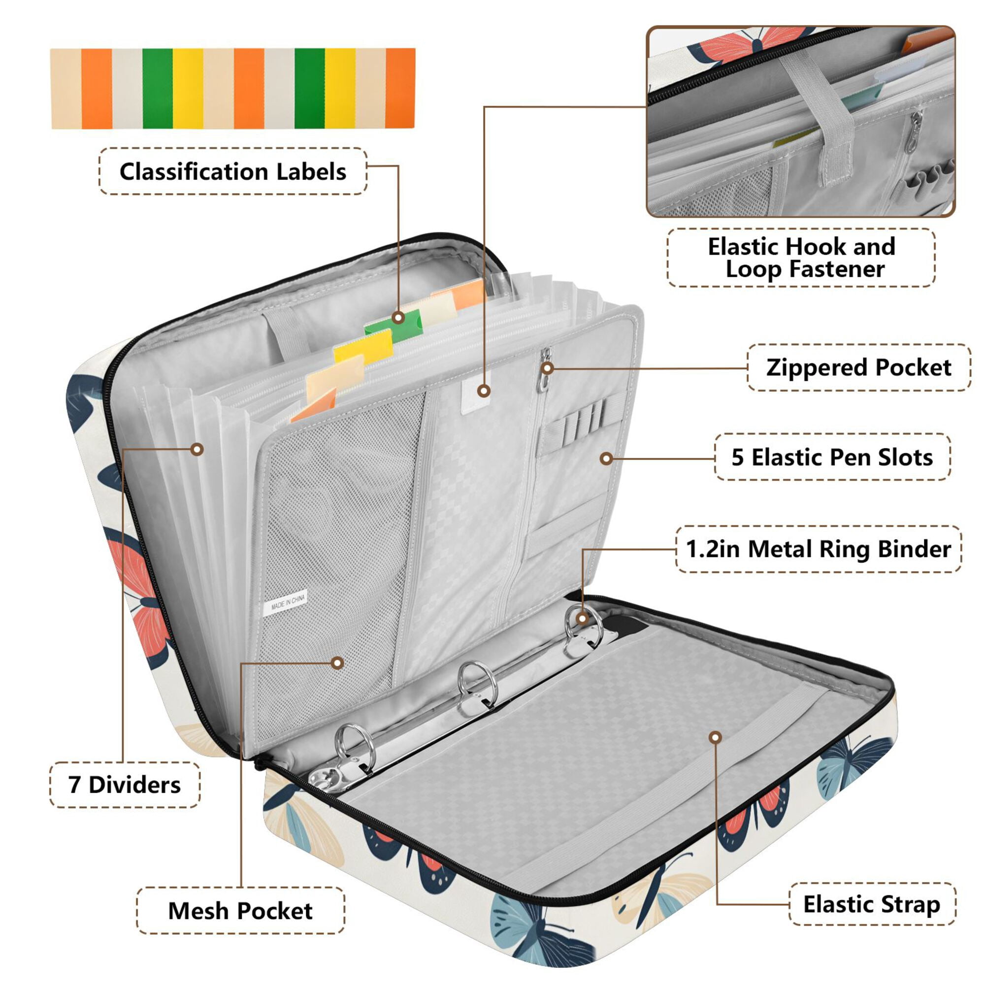 FORMRS Accordion File Folder A4 Size 7-Pocket Expanding Document Organizer Bag with 3 Ring Binder, Beige Butterflies