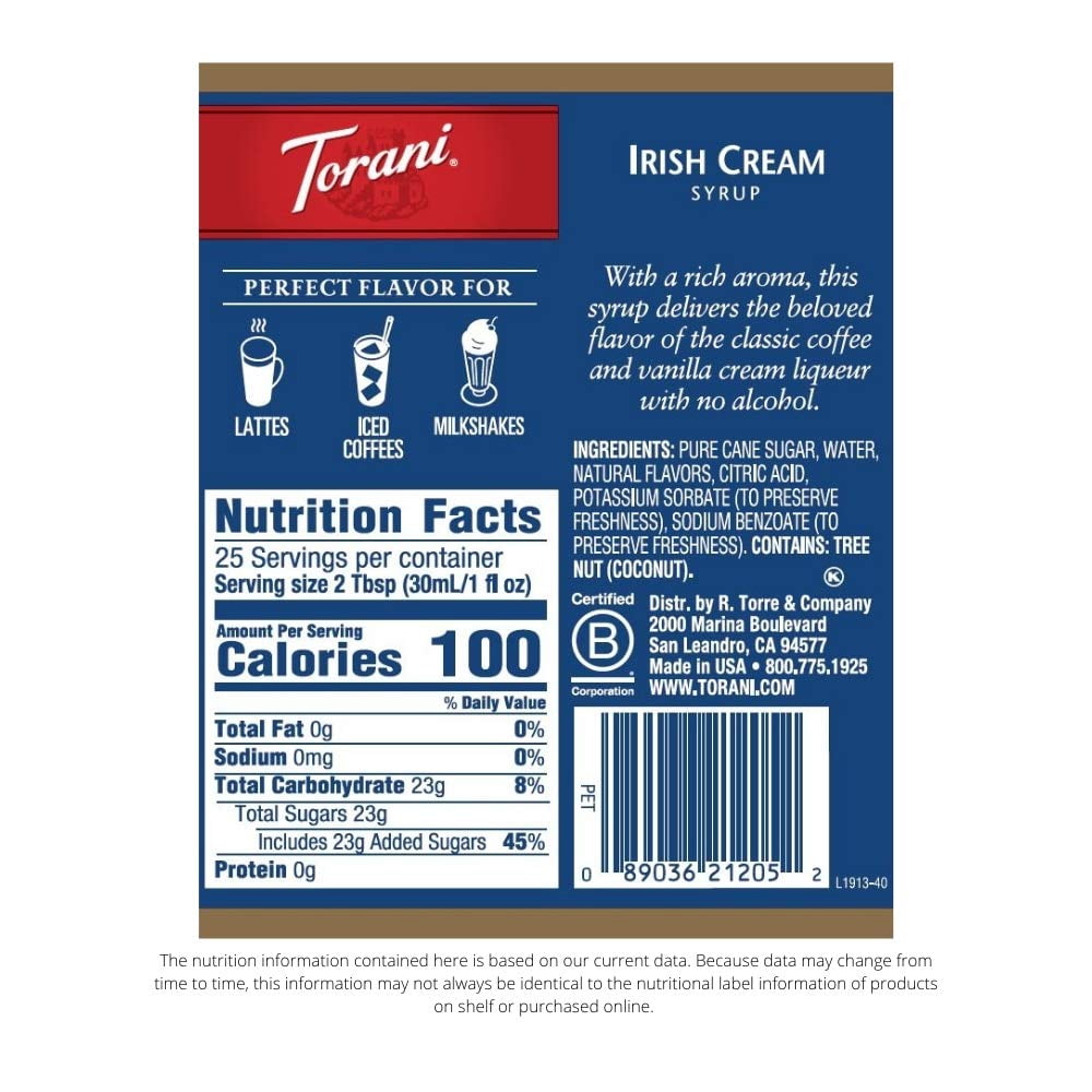 Pack of 6, Torani Irish Cream Syrup, 25.4 fl oz