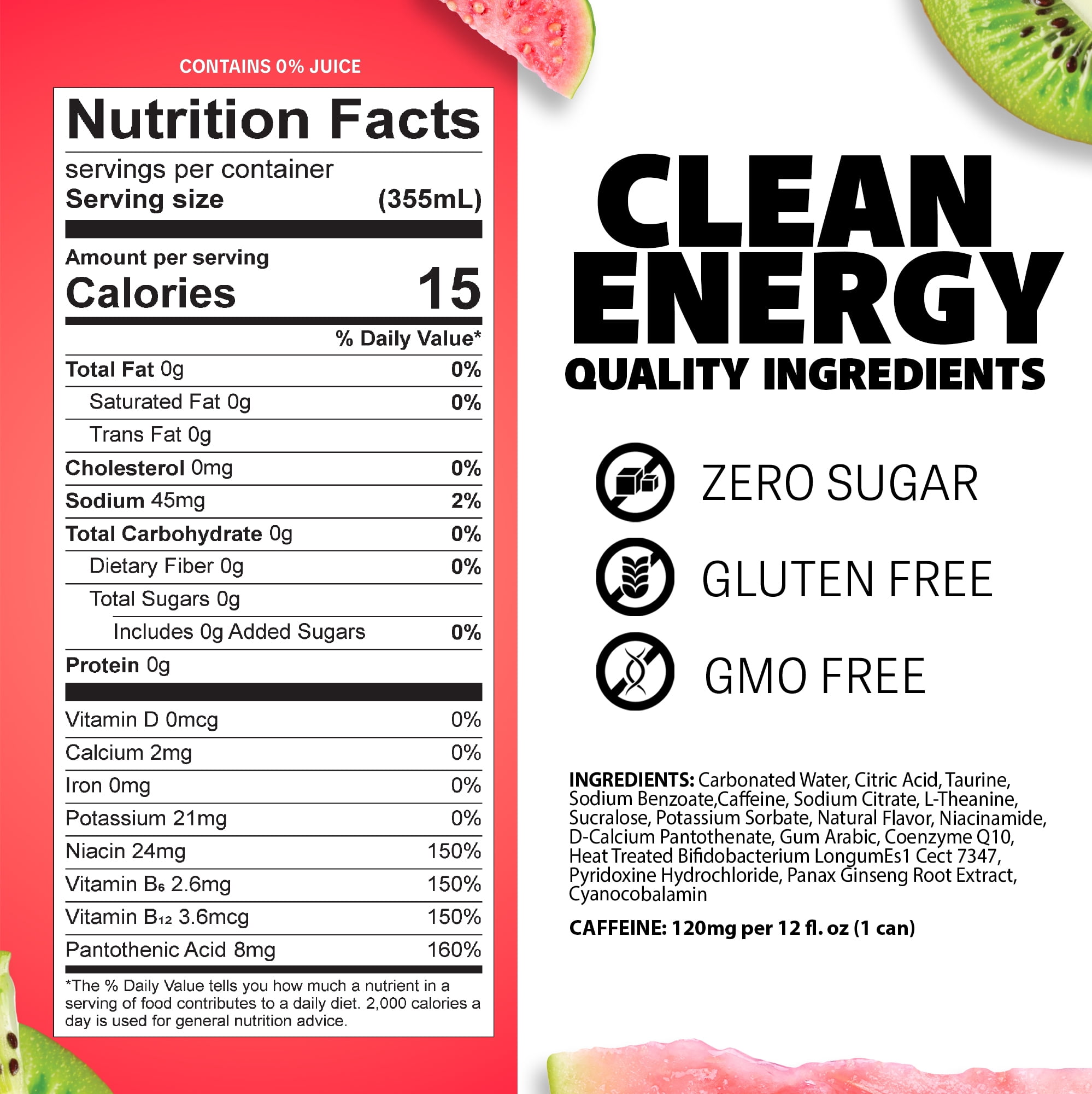 Liquid Ice Energy Drink, Zero Sugar, Kiwi Guava 12 Fl Oz 12 Pack, Postbiotics, Clean Energy, 120mg Natural Caffeine, L Theanine, Green Tea Extract, CoQ10, Antioxidant Support