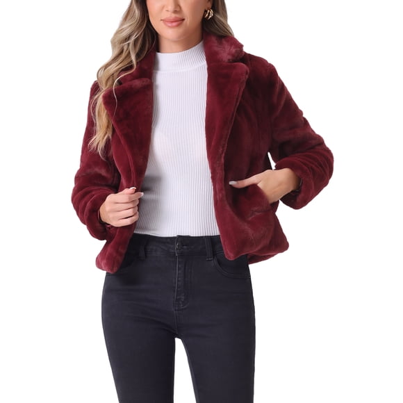 INSPIRE CHIC Women's Winter Fashion Loose Faux Fur Cropped Jacket Coat S Burgundy