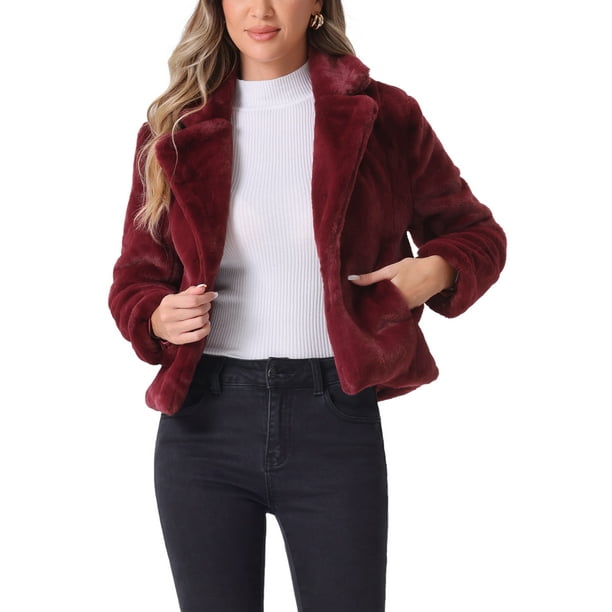 CHAQUETA CORTA DE PIEL SINTÉTICA SUELTA DE MODA INVIERNO PARA MUJERES CHIC M BURDEOS