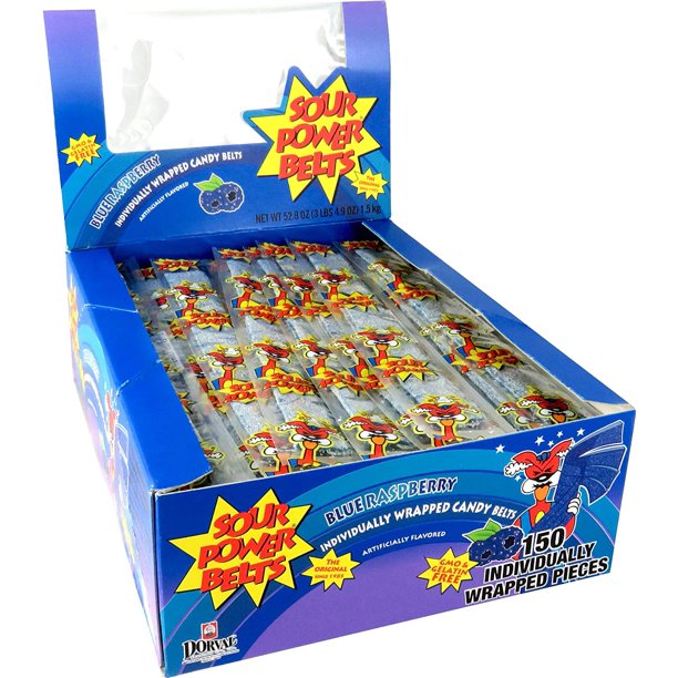 Sour Power Wrapped Belts, Blue Raspberry, Individually Wrapped Belts , 150 Count Pack of 1