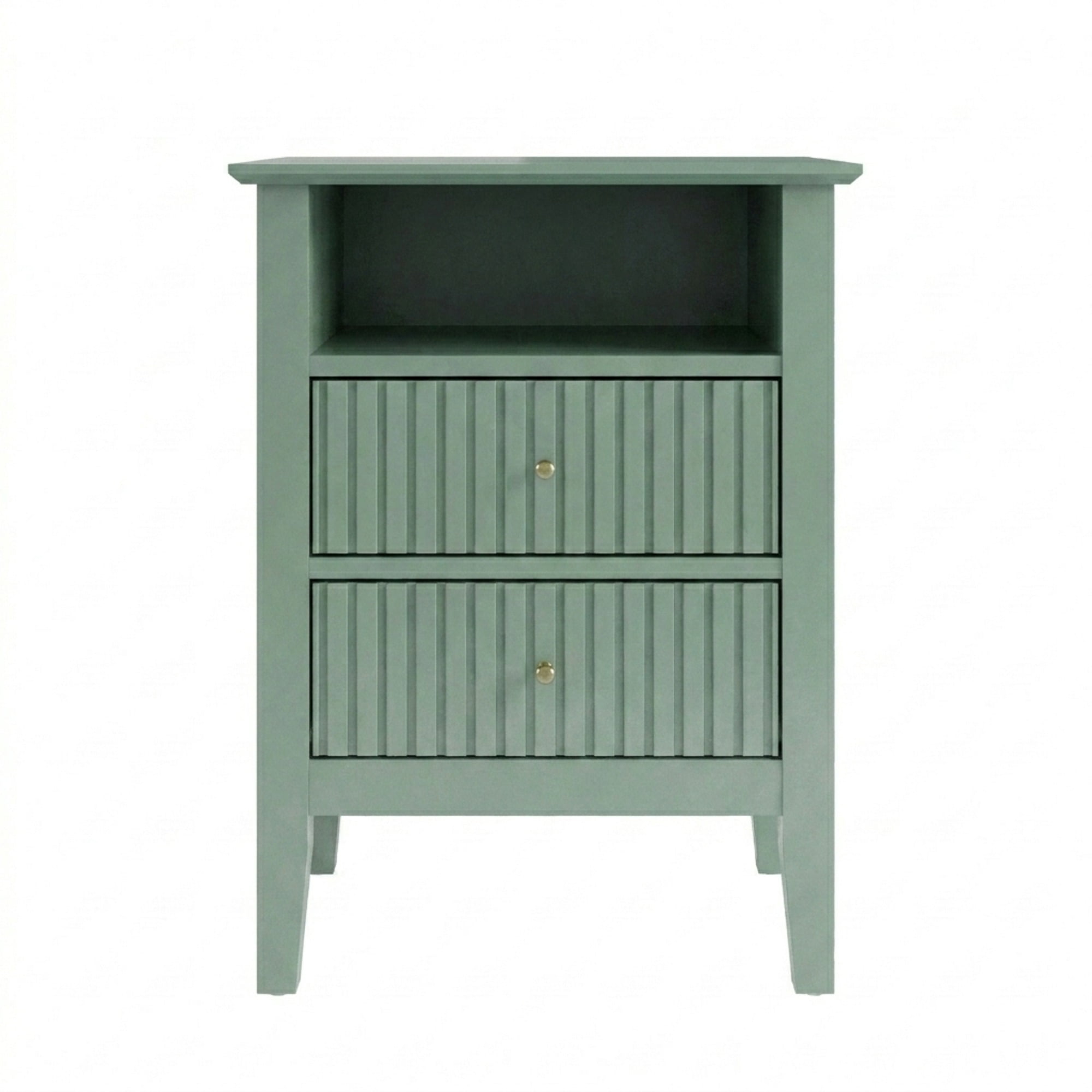 18" Green Fluted Nightstand, 2-Drawer Modern Side Table with Gold Knobs, Soft-Close Drawers & Anti-Tip Kit, P2 MDF Storage Cabinet for Bedroom Living Room