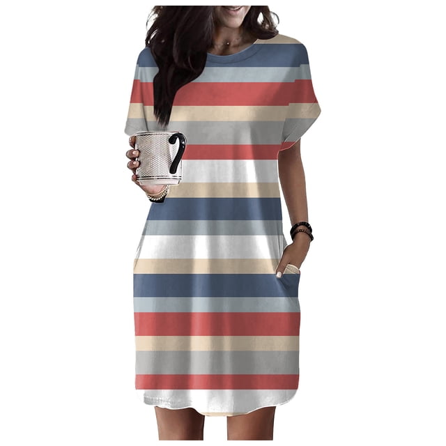 WILLBEST Vestidos de Algodon Vestido Camisero Suave para Mujer, Vestido Túnica Informal de Verano de Manga Corta, Vestido Holgado Estampado con Bolsillos Chica