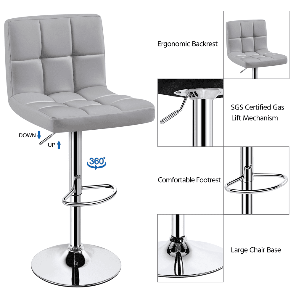 Alden Design Adjustable Bar Stool Faux Leather Counter Height Mid-Back Bar Chair Set of 2, Light Gray