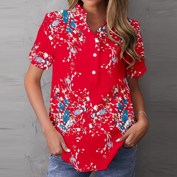 Fiudx Ofertas Flash Del Día Blusa de Cuello Redondo Estampado Informal a La Moda para Mujer con Blusa con Botones de Manga Media