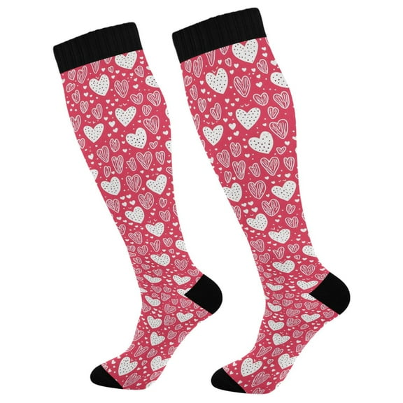 Haosy Compression Socks for Men Women Knee High Running Socks for Nurse Hiking Recovery Travel Athletic 2 Pairs Red Doodled Hearts