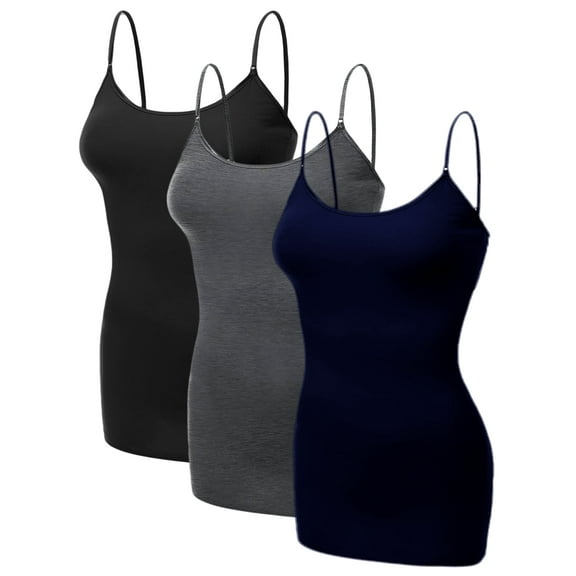 Emmalise Women's Basic Casual Long Camisole Adjustable Strap Cami Layering Top, Small, 3Pk Black, Hth Charcoal, Navy