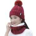 thumbnail image 1 of Winter knitted Hats Ski Cap Wool Lining Ball Cap Pompom Winter Hat For Women Girls Warm Knitted Cap wine red, 1 of 9