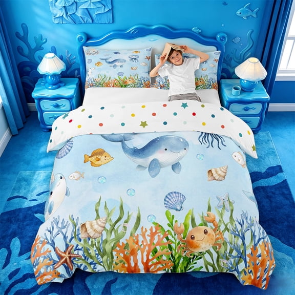 jejeloiu Watercolor Ocean Life Bedding,Whale Print Duvet Cover Full For Boys,Blue White,Polkadot Reversible,3-Piece,1 Duvet Cover and 2 Pillowcases