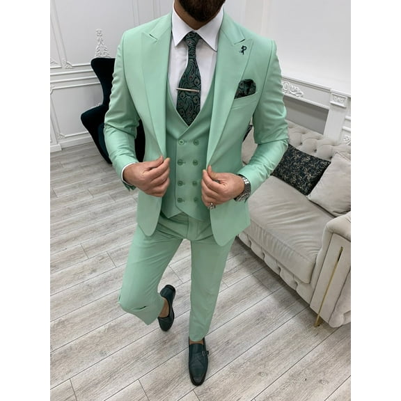 GENT WITH Men’s Light Green 3 Piece Slim Fit Suit, Italian Designed Coat Pants, Wedding Groom Party Wear Suit