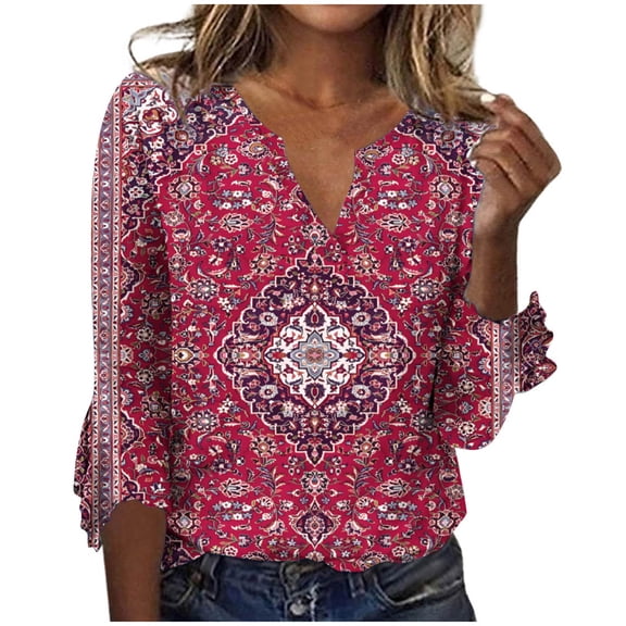 IROINNID Reduced Polyester Long Sleeve T Shirt for Women Daily Summer Slot Neck Print T-shirt Blouse,Pink