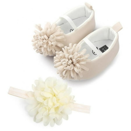 

2pcs/Set Infant Baby Girl Flats with Flower Headband Toddler Non-Slip Soft Sole Wedding Dress Shoes Prewalker Shoes 0-18 Months