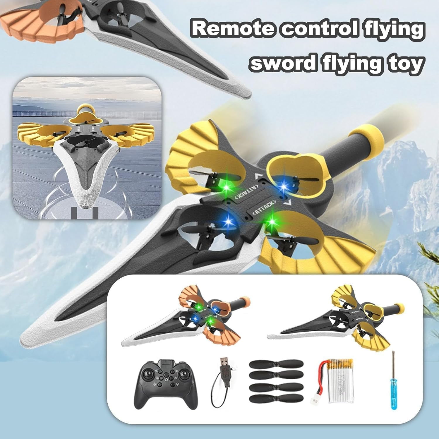 Remote Flying Sword – (Hand Wave/Controller Mode) 2025 New Stunt Flying Sword, Magic-Control Immortal, Stunt Remote-Controlled, 3-Speed Control, Lightweight Easy to Fly Rc Glider (Gold, Battery of 2)