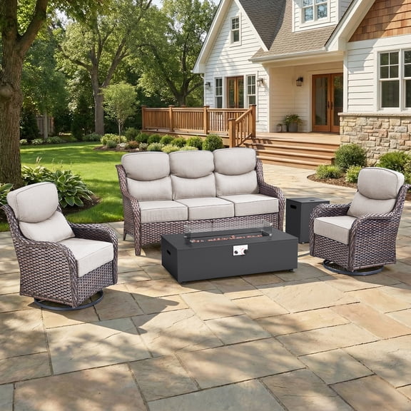 Giantfurnni 4 Pieces Wicker Patio Fire Pit Sets with 2 Swivel Rocking Chairs, Sofa and 43 Inch Fire Pit Table, Outdoor Furniture Set with 6" Thick Cushion