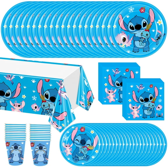 81 PCS Stitch Birthday Party Tableware Set, Stitch Plates and Napkins Set Includes Plates, Napkins, Paper Cups, Tablecloth for Birthday Decorations