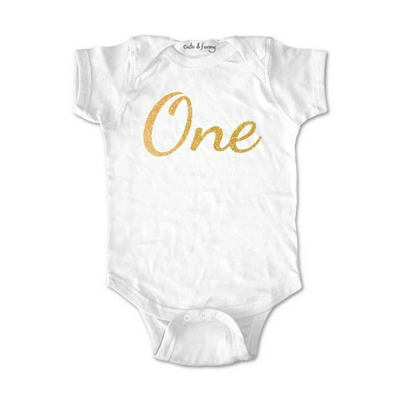 First Birthday Girl Bodysuit Outfit with Age One - Script Font with Glitter - Design2 - cute & funny baby one piece bodysuit