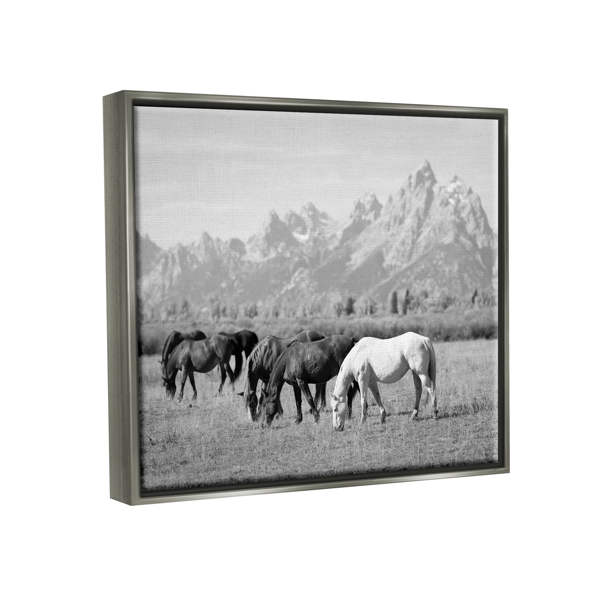 Stupell Industries Horses Grazing by Mountains Animals & Insects Photography Gray Floater Framed Canvas Art Print Wall Art, 21 x 17