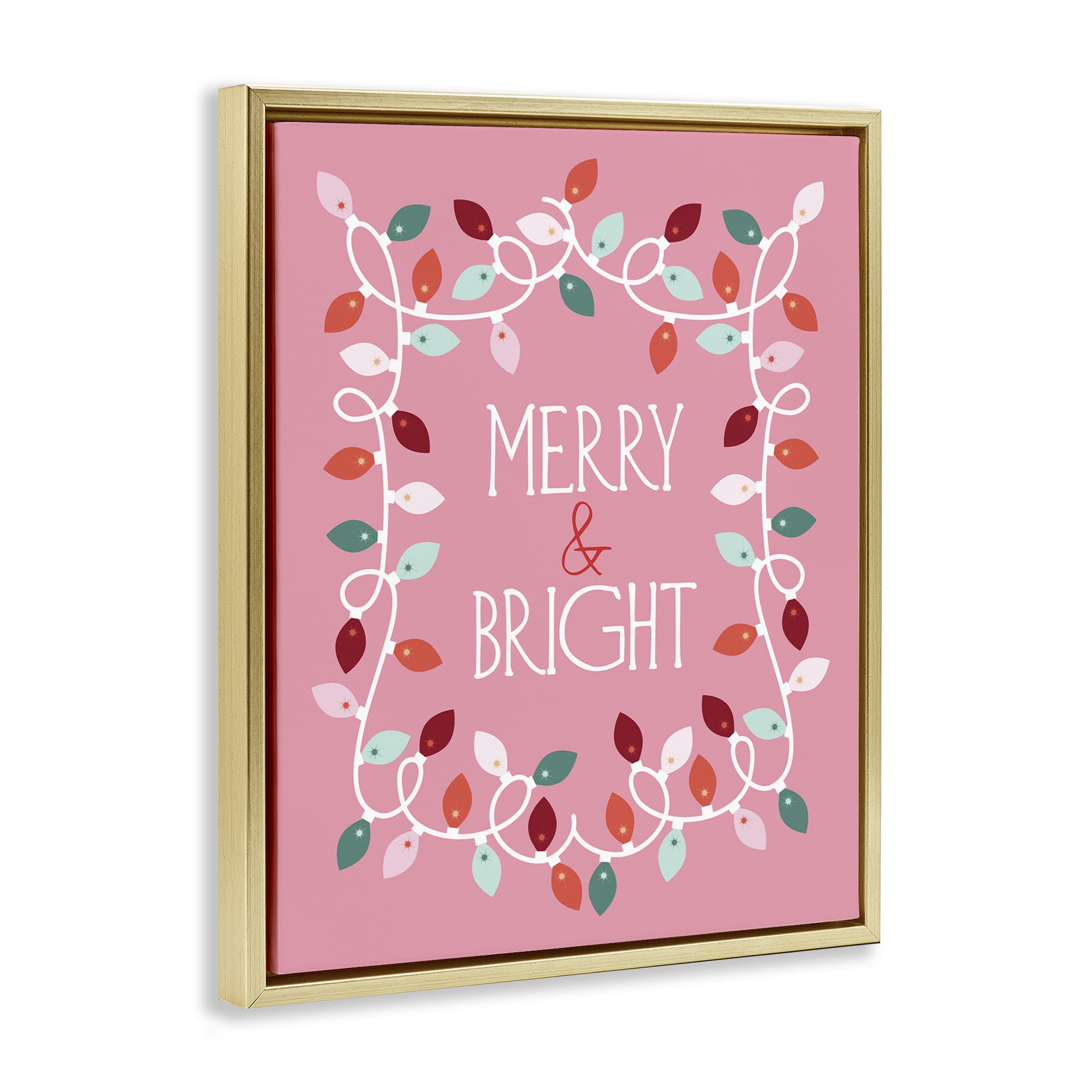 Stupell Industries Merry and Bright Pink Holiday Painting Gold Floater Framed Canvas Art Prints Wall Art, 25 x 31
