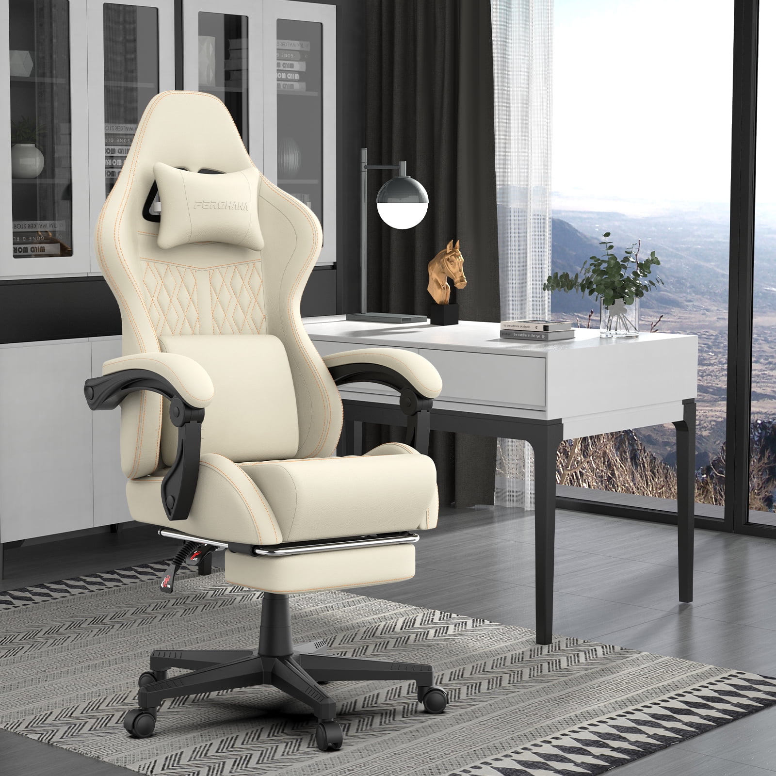 SOONTRANS Gaming Chair with Footrest, Computer Game Chair with Massage Lumbar Support & Headrest, High Back Vintage Office Game Chair for Adults, Beige