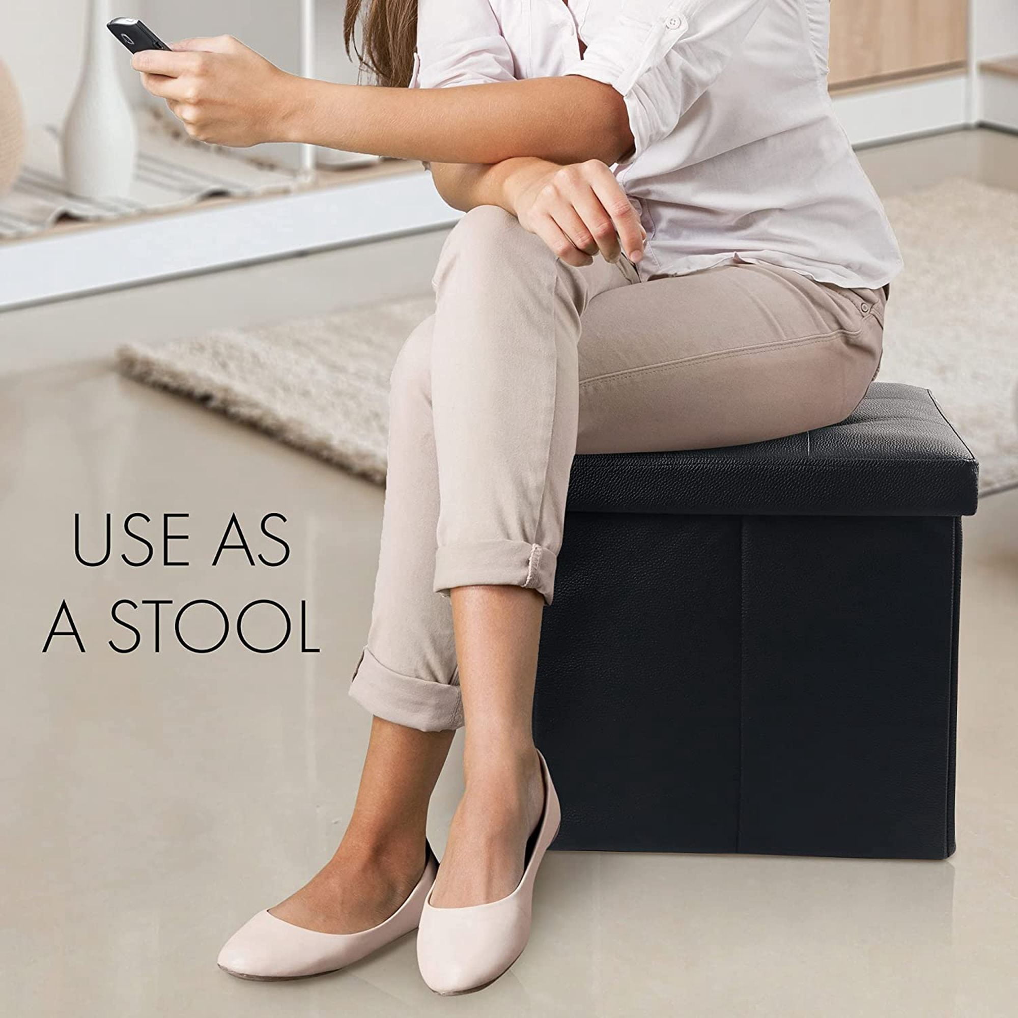 LotFancy 2 Pack 13" Faux Leather Storage Ottoman Cube, Square Foot Stool Ottoman with Storage, Black